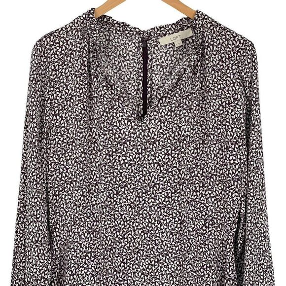 Loft Vine Ruffle Tie Neck‎ Dress Knee Length Long Sleeves Purple Women Size 8 - Picture 5 of 14